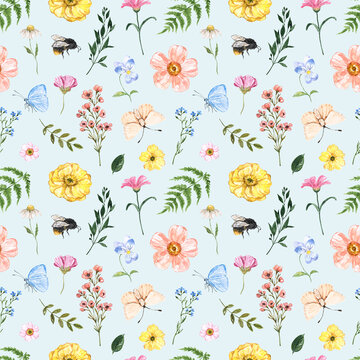 Watercolor floral seamless pattern. hand-painted wildflowers on a pastel blue background. Summer field with butterflies and small flowers. Abstract botanical print.