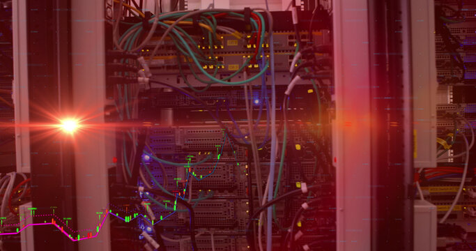 Composite image of bright spot of light and data processing against computer server room