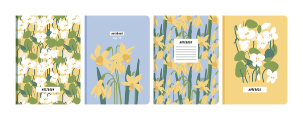 Vector illustartion templates cover pages for notebooks, planners, brochures, books, catalogs. Flowers wallpapers with with tulip and bindweed. - obrazy, fototapety, plakaty
