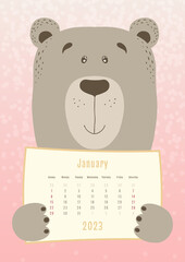 2023 january calendar, cute bear animal holding a monthly calendar sheet, hand drawn childish style.