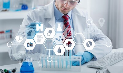 Scientist in white lab coat filter sample into vial. High performance liquid chromatography at chemical laboratory.