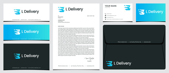 Delivery logo with initial L with stationery, business card and social media banner designs