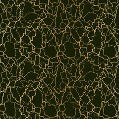 kintsugi art seamless pattern with gold thin lines and abstract shards on dark luxury background.