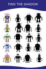 Funny multicolored robot. Find the correct shadow. Educational game for children.