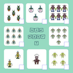 How many counting game with robots. Worksheet for preschool kids, kids activity sheet, printable worksheet