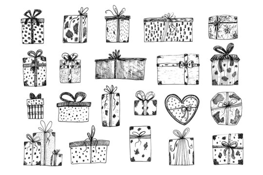 Set of cute decorated doodle hand drawn black vector gift boxes for Christmas and birthday design. Funny sketch present gifts for print, stickers, patterns, greeting card decoration