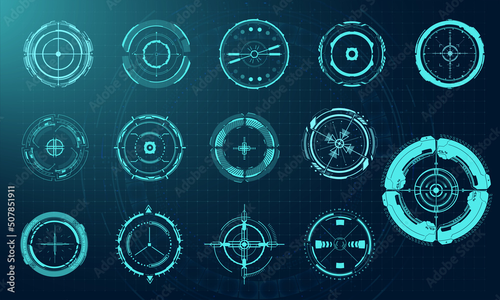 Poster a large set of futuristic sights isolated on a blue background. the pattern of optical sights design