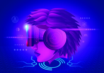 Metaverse Technology concept. A woman head facing to use VR virtual reality goggle and experiences of metaverse virtual world
