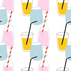Seamless pattern with illustration of drinks in various glasses
