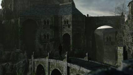 Fototapeta na wymiar Man in hoodie walks on a bridge of an ancient castle at sunrise. 3D render.