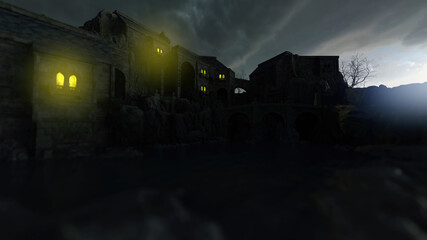 Ancient fortress with illuminated windows under a dark cloudy sky at twilight. 3D render.