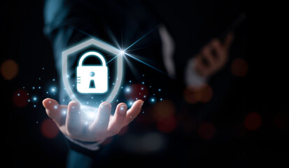 Security shield Lock Security Businessman Protect Concept, man using digital padlock with data protection, Cyber security data protection business technology privacy concept.