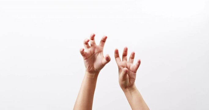 Close up of a woman's hand up and showing maul isolated on a white studio background with copy space for placing a text for an advertisement.