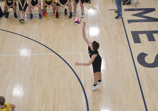 Volleyball player serving the ball while bench players watch