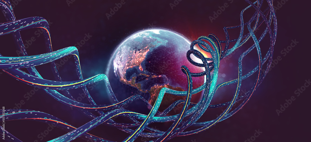 Leinwandbilder Cyber space of outer orbits. Information flows of the digital universe. 3D illustration of a planet surrounded by computer data. Element of this image furnished by NASA