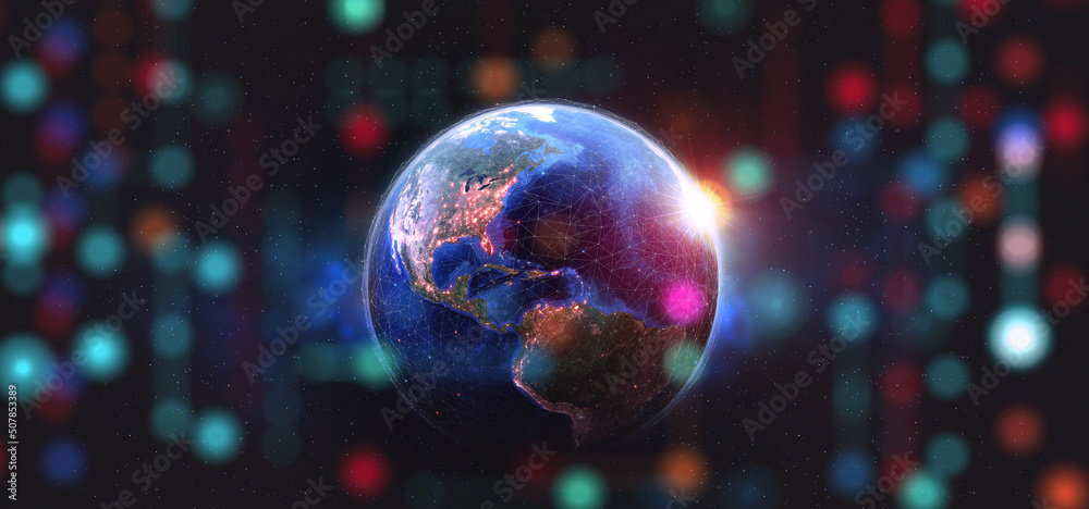Poster Cyber space of outer orbits. Information flows of the digital universe. 3D illustration of a planet surrounded by computer data. Element of this image furnished by NASA