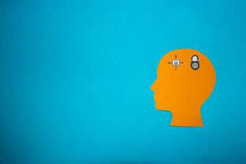 orange head with money security icon on blue background, save the money, safe data on the internet, copy space, minimal concept