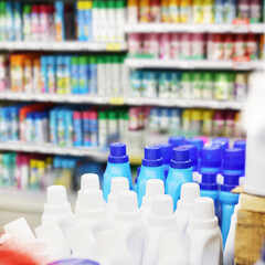 shopping in supermarket.(washing powder,detergent,shampoo, soap).