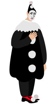 Vector illustration of crying Pierrot in black clothes with white details isolated on white background.