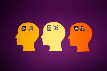 tri colorful paper head with internet security icon, creative security purple background, safe data on the internet
