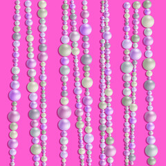 Pearl realistic borders isolated on pink background with shadows. Vertical lines. Vector illustration. Pattern with pink, silver, white and lilac pearls. Jewelry background, texture