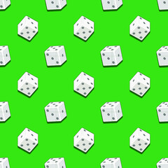 White dices with shadows falling on green background. Seamless pattern. Abstract casino game design. Good for texture, gift wrapp, fabrics. Dice gambling concept. 3d style. Vector illustration