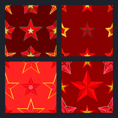 Fototapeta na wymiar Red five pointed stars on red background. Symbols and signs of socialism and communism, revolution stars. Set of four abstract seamless patterns, texture for banner, gift wrapping. Vector