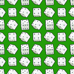 White dices of the same sizes outlined on green background. Seamless pattern. Abstract casino design background, texture, wrapping. Dice gambling concept. 3d style. Vector illustration