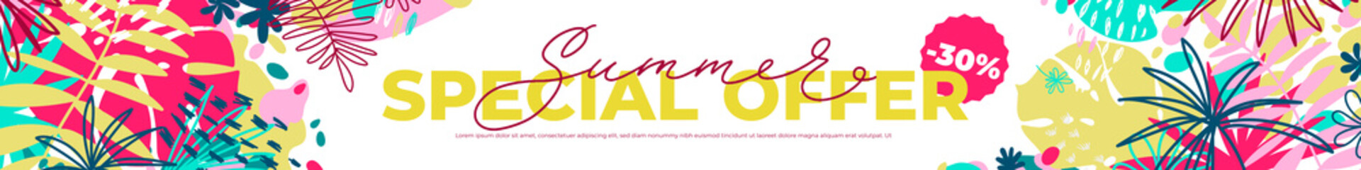 Summer time special offer long horizontal banner with tropical leaves and flat elements. Vector template for sales, promo, ads. Bright floral vector illustration with text blocks.