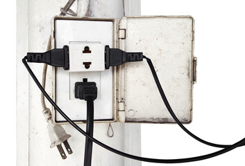 electric power socket and plugs on white background