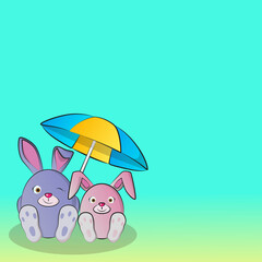 Two round cartoon pink rabbits on the sea.