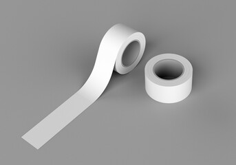 Sticky tape, scotch tape mock up. A roll of white sticky tape on a gray background. 3d rendering.