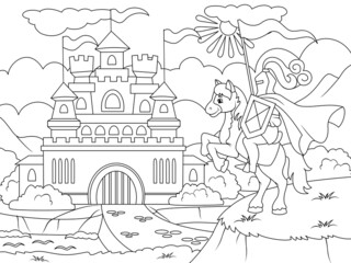 Knight near the gates of the old castle. Page outline of cartoon. Vector illustration, coloring book for kids.