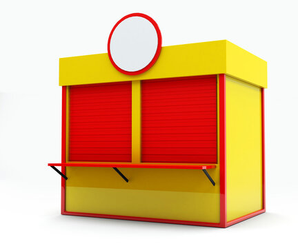 Container Store. Kiosk simple, custom culture: "Pit Dog" in portuguese Brazil. Market stall rustic - Party country - Container yellow door close 3D render. 