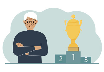 A old man next to the pedestal on which the cup for victory and first place.