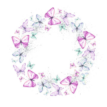 Round wreath of watercolor butterflies