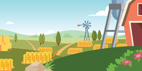 Background Farm Cartoon Wheat Field Barn