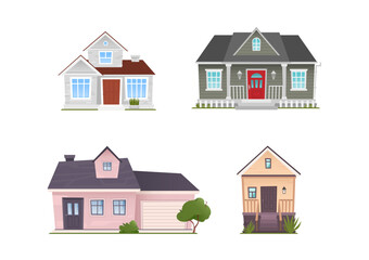 Houses front view set. Isolated on white background. Cartoon vector illustration