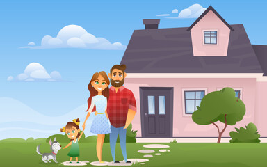 Obraz na płótnie Canvas Family standing in front of the house. Father, mother and little daughter with dog. Happy and smiling. Vector cartoon flat illustration