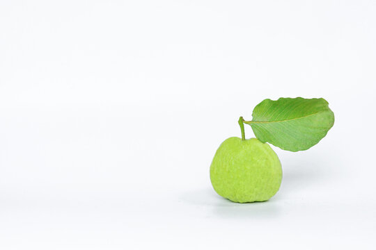 Pink guava fruit with leaves isolated on white background (red guava, Hongbao si, Taiwan), lower right view.