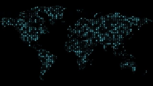 Shimmering dotted grid world map on black background, 4K digital animation for information technology concept.