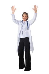 Female medical doctor with raised arms