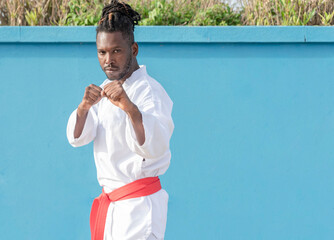 front view of a young African-American man training taekwondo outdoors on a blue background martial...