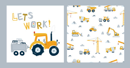 Set seamless patterns and print yellow tractor. Illustrations with construction vehicles, dump truck, crane and bulldozer for kid. Vector - 507861778