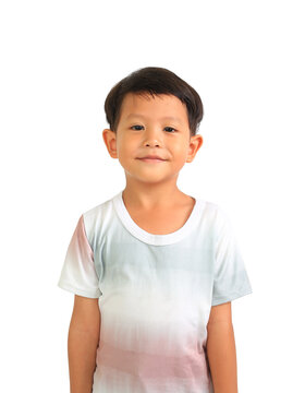 Portrait of Asian little boy looking at camera on white background.