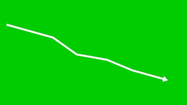Animated white arrow. Recession chart of economy. Economic crisis, recession, decrease graph. Profit down. Vector illustration isolated on green background.