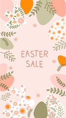Social media template with silhouette holiday Easter eggs and flowers in gentle pastel colors. Illustration colorful easter eggs in flat style with space for your text. Vector
