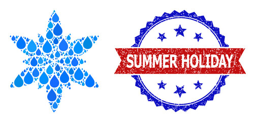 Vector mosaic flower, and bicolor unclean Summer Holiday watermark. Flower mosaic for pure drink ads. Flower is created with blue clean liquid drops.