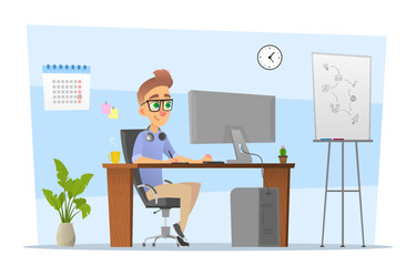Graphic designer painting on graphic tablet and sitting in front of computer in office