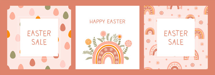 Set sale template with a silhouette holiday Easter eggs and flowers in flat style. Illustration easter eggs in pastel colors and space for your text. Vector